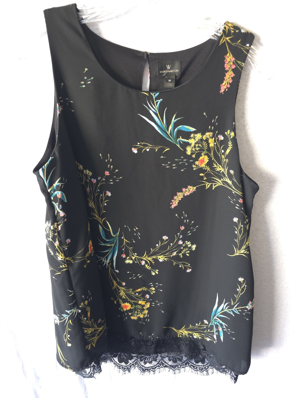 Worthington Black Floral Lace-Trim Sleeveless Blouse